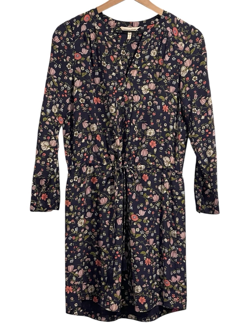 Rebecca Taylor Navy Floral Mini Dress, Long Sleeve,100% Silk,Drawstring Waist, 0 - Picture 2 of 16